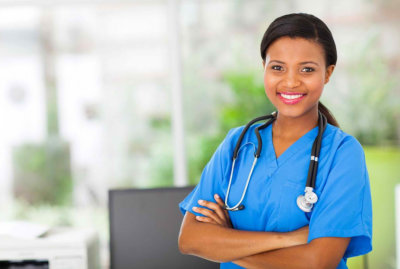 smiling nurse on a blue uniform